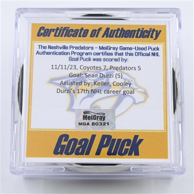 Sean Durzi - Arizona Coyotes - Goal Puck - November 11, 2023 vs. Nashville Predators (Predators 25th Anniversary Logo)