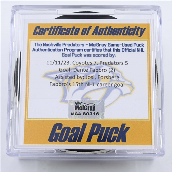 Dante Fabbro - Nashville Predators - Goal Puck - November 11, 2023 vs. Arizona Coyotes (Predators 25th Anniversary Logo)