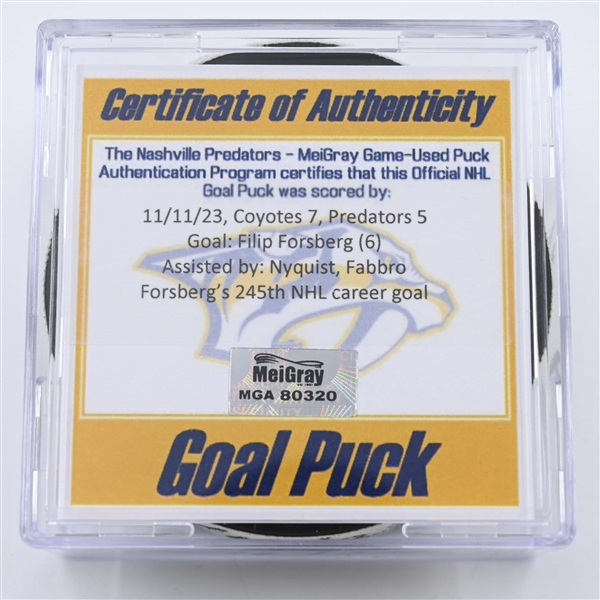 Filip Forsberg - Nashville Predators - Goal Puck - November 11, 2023 vs. Arizona Coyotes (Predators 25th Anniversary Logo)