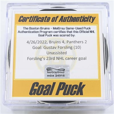 Gustav Forsling - Florida Panthers - Goal Puck - April 26, 2022 vs Boston Bruins (Boston Bruins logo)