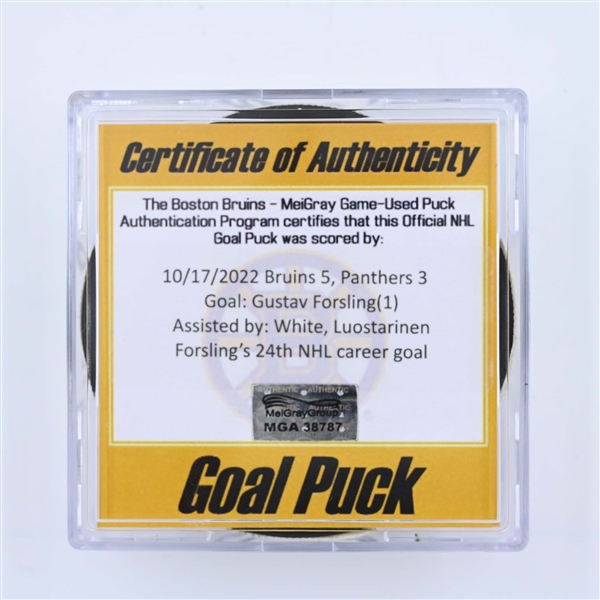 Gustav Forsling - Florida Panthers - Goal Puck - October 17, 2022 vs. Boston Bruins (Bruins Logo) 