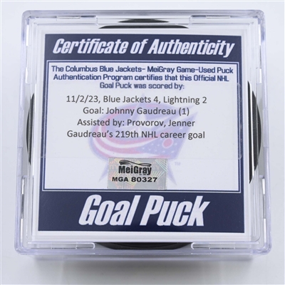 Johnny Gaudreau - Columbus Blue Jackets - Goal Puck - November 2, 2023 vs. Tampa Bay Lightning (Blue Jackets Logo)