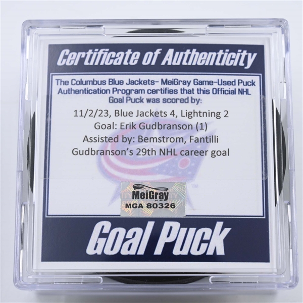 Erik Gudbranson - Columbus Blue Jackets - Goal Puck - November 2, 2023 vs. Tampa Bay Lightning (Blue Jackets Logo)