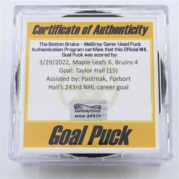 Taylor Hall - Boston Bruins - Goal Puck - March 29, 2022 vs Toronto Maple Leafs (Boston Bruins logo)