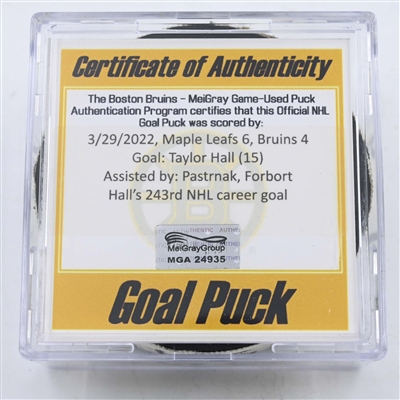 Taylor Hall - Boston Bruins - Goal Puck - March 29, 2022 vs Toronto Maple Leafs (Boston Bruins logo)