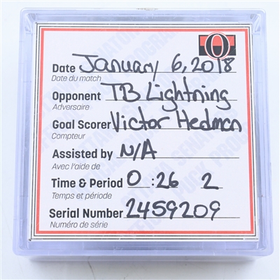 Victor Hedman - Tampa Bay Lightning - Goal Puck - January 6, 2018 vs. Ottawa Senators (Senators Logo) 