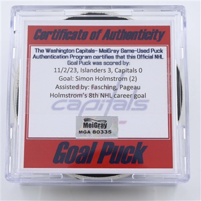 Simon Holmstrom - New York Islanders - Goal Puck - November 2, 2023 vs. Washington Capitals (Capitals Logo)