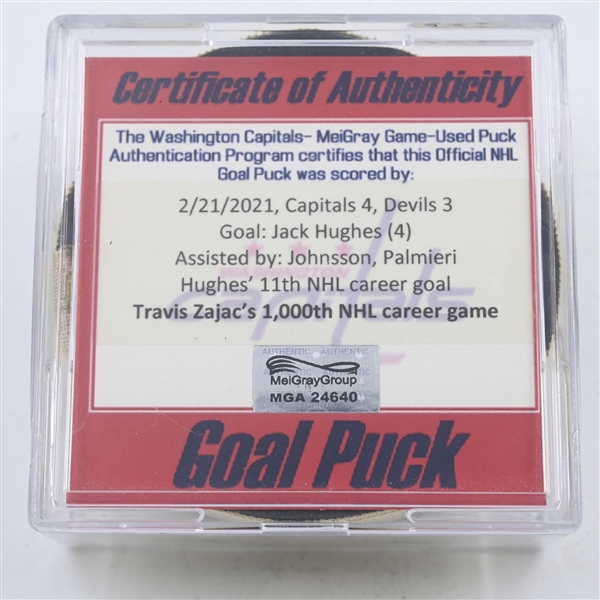 Jack Hughes - New Jersey Devils - Goal Puck - February 21, 2021 vs. Washington Capitals (Capitals Logo)