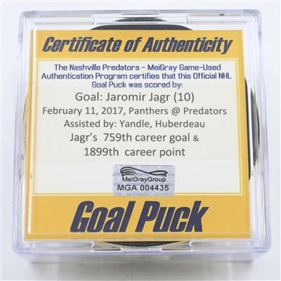 Jaromir Jagr - Florida Panthers - Goal Puck - February 11, 2017 vs. Nashville Predators (Predators Logo)
