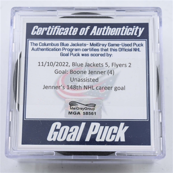 Boone Jenner - Columbus Blue Jackets - Goal Puck - November 10, 2022 vs. Philadelphia Flyers (Blue Jackets Logo)