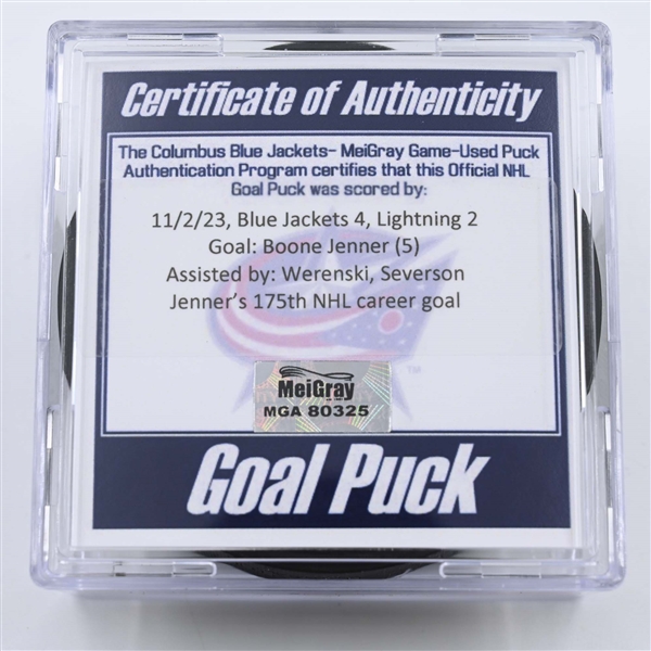 Boone Jenner - Columbus Blue Jackets - Goal Puck - November 2, 2023 vs. Tampa Bay Lightning (Blue Jackets Logo)