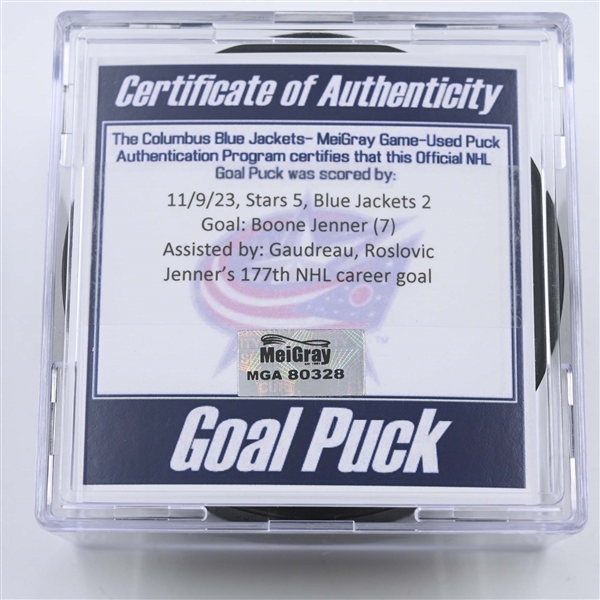 Boone Jenner - Columbus Blue Jackets - Goal Puck - November 9, 2023 vs. Dallas Stars (Blue Jackets Logo)