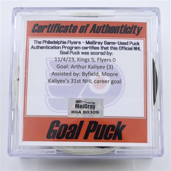 Arthur Kaliyev - Los Angeles Kings - Goal Puck - November 4, 2023 vs. Philadelphia Flyers (Flyers Logo)