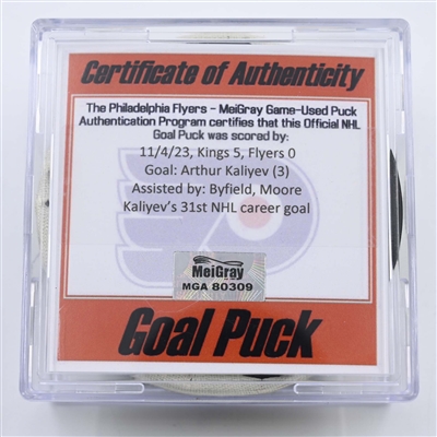 Arthur Kaliyev - Los Angeles Kings - Goal Puck - November 4, 2023 vs. Philadelphia Flyers (Flyers Logo)