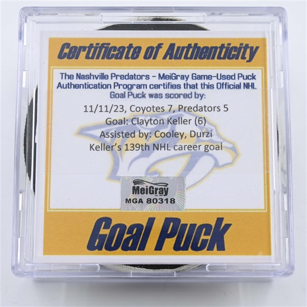 Clayton Keller - Arizona Coyotes - Goal Puck - November 11, 2023 vs. Nashville Predators (Predators 25th Anniversary Logo)