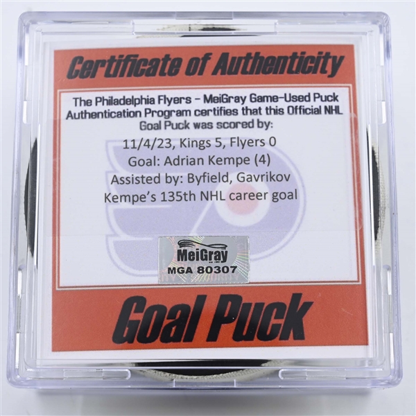 Adrian Kempe - Los Angeles Kings - Goal Puck - November 4, 2023 vs. Philadelphia Flyers (Flyers Logo)