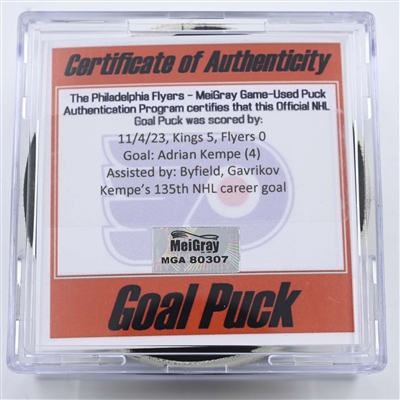 Adrian Kempe - Los Angeles Kings - Goal Puck - November 4, 2023 vs. Philadelphia Flyers (Flyers Logo)