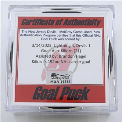 Alex Killorn - Tampa Bay Lightning - Goal Puck - March 14, 2023 vs. New Jersey Devils (Devils 40th Anniversary Logo)
