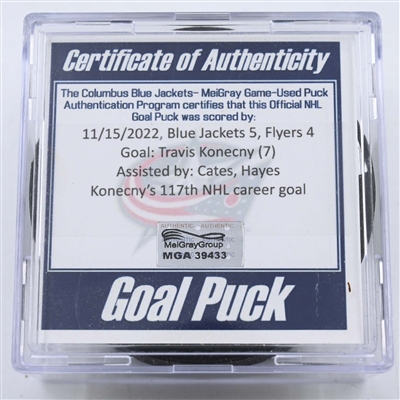 Travis Konecny - Philadelphia Flyers - Goal Puck - November 15, 2022 vs. Columbus Blue Jackets (Blue Jackets Logo) 