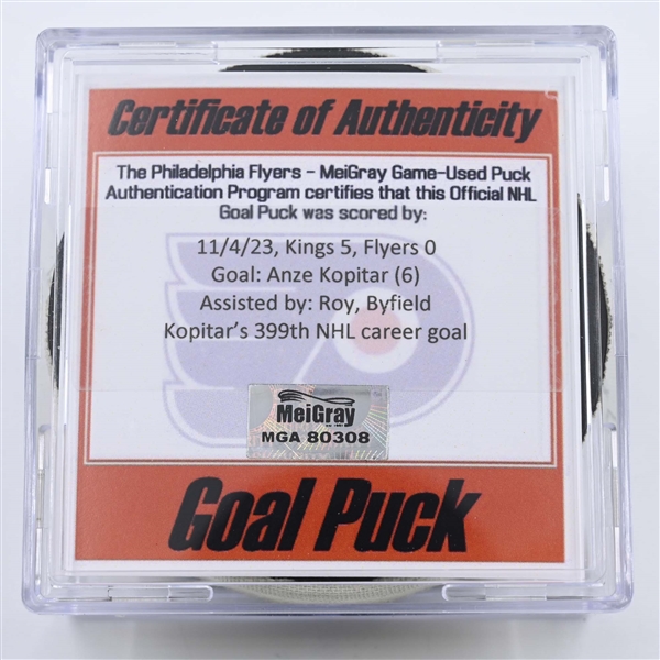 Anze Kopitar - Los Angeles Kings - Goal Puck - November 4, 2023 vs. Philadelphia Flyers (Flyers Logo)