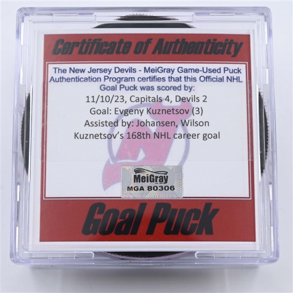 Evgeny Kuznetsov - Washington Capitals - Goal Puck - November 10, 2023 vs. New Jersey Devils (Devils Logo)