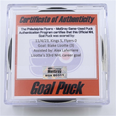Blake Lizotte - Los Angeles Kings - Goal Puck - November 4, 2023 vs. Philadelphia Flyers (Flyers Logo)