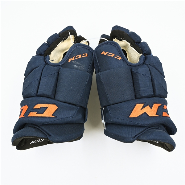 Connor McDavid - Edmonton Oilers - CCM Gloves (Navy) - 100th Point of Season - 50th Assist of Season - Photo-Matched to 4 Games & NHL Skills Competition - Jan. 23, 2023 through Feb. 17, 2023 - 