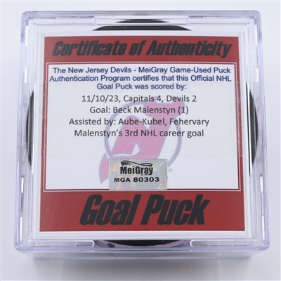 Beck Malenstyn - Washington Capitals - Goal Puck - November 10, 2023 vs. New Jersey Devils (Devils Logo)