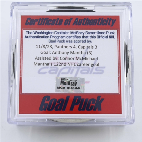 Anthony Mantha - Washington Capitals - Goal Puck - November 8, 2023 vs. Florida Panthers (Capitals Logo)