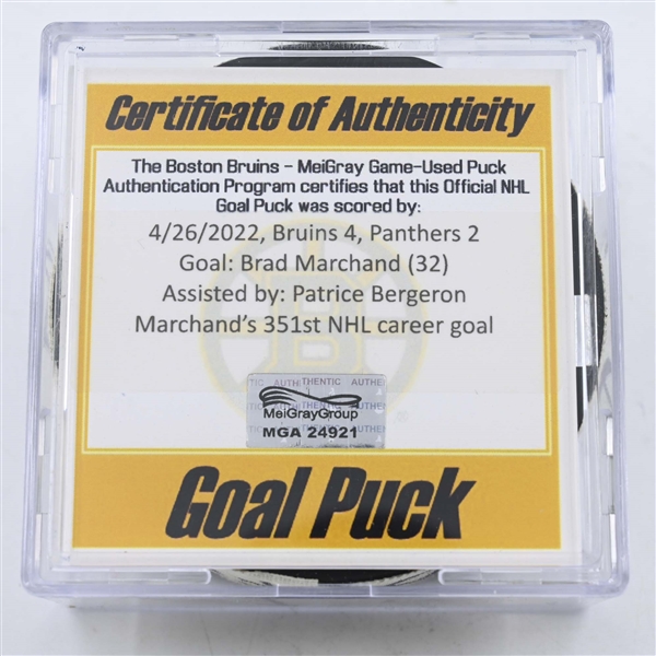Brad Marchand - Boston Bruins - Goal Puck - April 26, 2022 vs Florida Panthers (Boston Bruins logo)