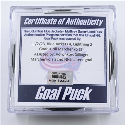 Kirill Marchenko - Columbus Blue Jackets - Goal Puck - November 2, 2023 vs. Tampa Bay Lightning (Blue Jackets Logo)