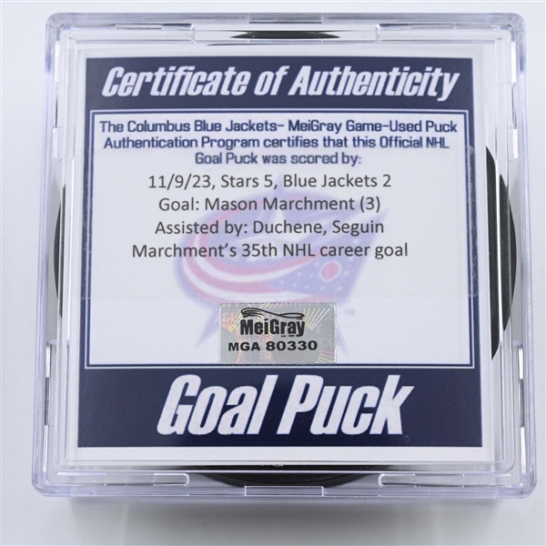 Mason Marchment - Dallas Stars - Goal Puck - November 9, 2023 vs. Columbus Blue Jackets (Blue Jackets Logo)