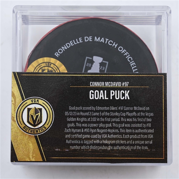 Connor McDavid - Edmonton Oilers - Goal Puck - May 12, 2023 vs. Vegas Golden Knights (Knights Stanley Cup Playoffs Logo)