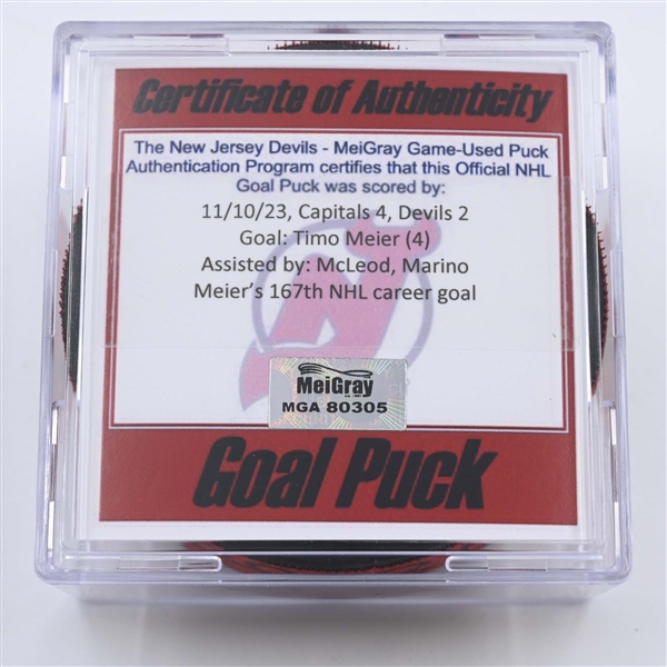 Timo Meier - New Jersey Devils - Goal Puck - November 10, 2023 vs. Washington Capitals (Devils Logo)