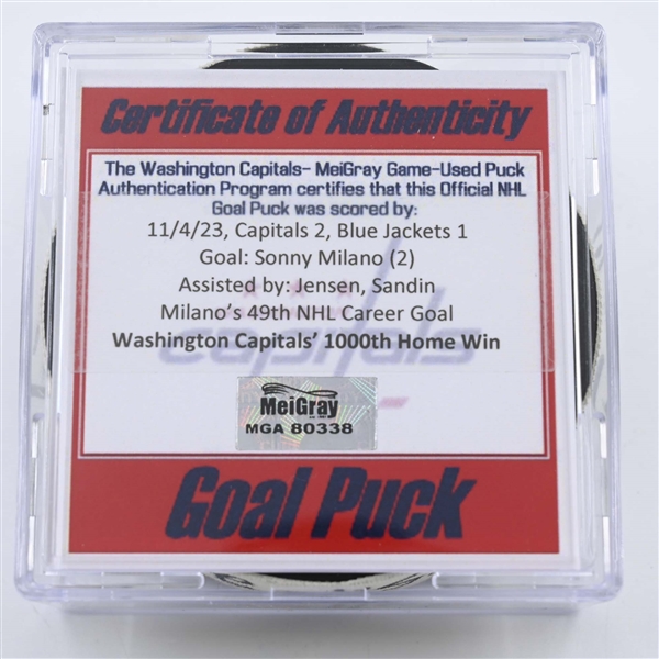 Sonny Milano - Washington Capitals - Goal Puck - November 4, 2023 vs. Columbus Blue Jackets (Capitals Logo)