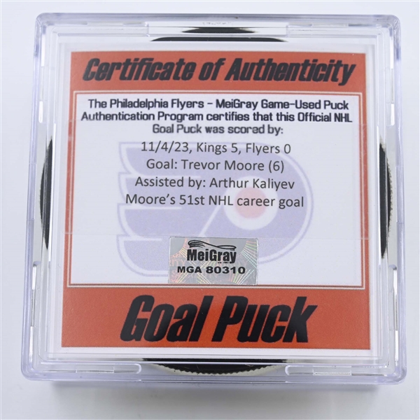 Trevor Moore - Los Angeles Kings - Goal Puck - November 4, 2023 vs. Philadelphia Flyers (Flyers Logo)