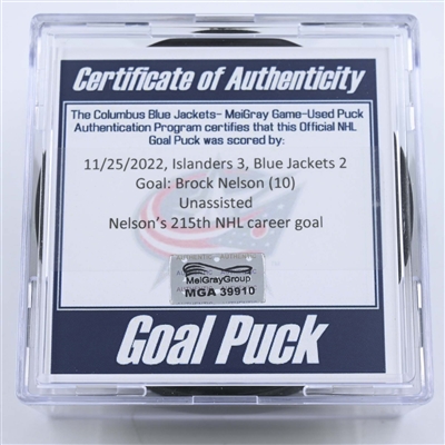 Brock Nelson - New York Islanders - Goal Puck - November 25, 2022 vs. Columbus Blue Jackets (Blue Jackets Logo) 