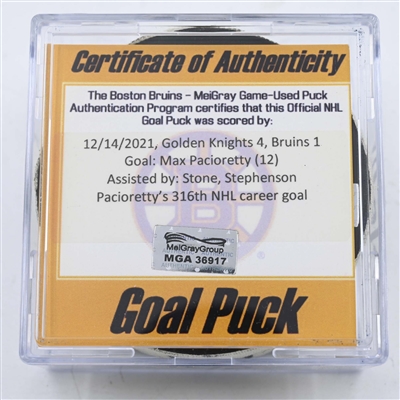 Max Pacioretty - Vegas Golden Knights - Goal Puck - December 14, 2021 vs. Boston Bruins (Bruins Logo)