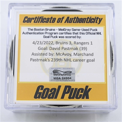 David Pastrnak - Boston Bruins - Goal Puck - April 23, 2022 vs. New York Rangers (Boston Bruins logo)