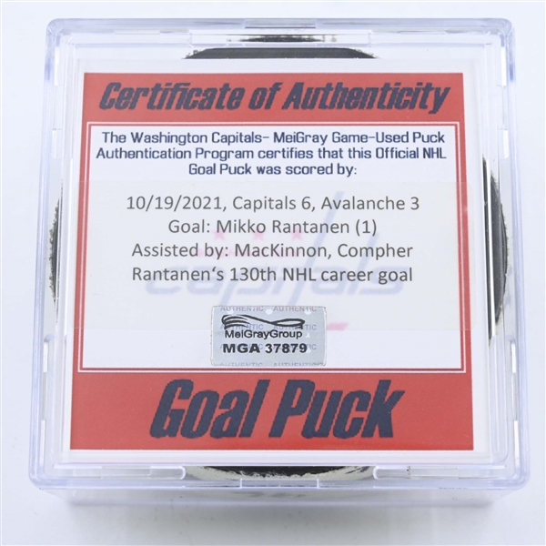 Mikko Rantanen - Colorado Avalanche - Goal Puck - October 19, 2021 vs. Washington Capitals (Capitals Logo) 