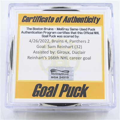 Sam Reinhart - Florida Panthers - Goal Puck - April 26, 2022 vs Boston Bruins (Boston Bruins logo)