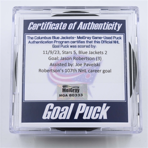 Jason Robertson - Dallas Stars - Goal Puck - November 9, 2023 vs. Columbus Blue Jackets (Blue Jackets Logo)