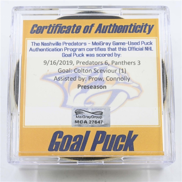 Colton Sceviour - Florida Panthers - Goal Puck - September 16, 2019 vs. Nashville Predators (Predators Logo) - PRESEASON - 1st of 2 Split-Squad Games
