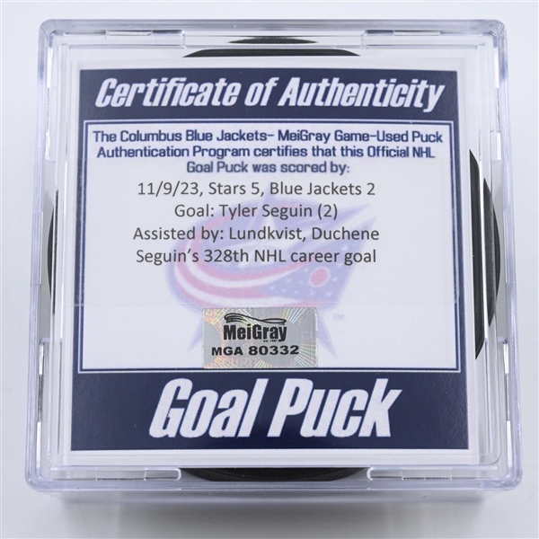 Tyler Seguin - Dallas Stars - Goal Puck - November 9, 2023 vs. Columbus Blue Jackets (Blue Jackets Logo)