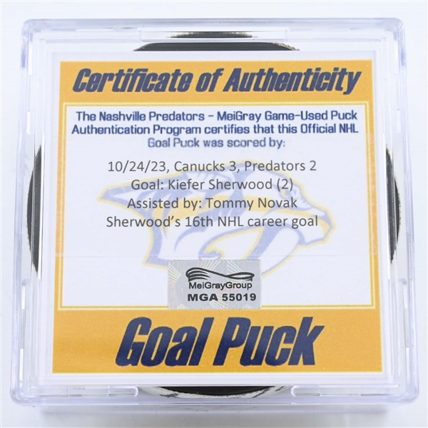 Kiefer Sherwood - Nashville Predators - Goal Puck - October 24, 2023 vs. Vancouver Canucks (Predators 25th Anniversary Logo)