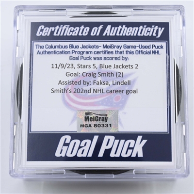 Craig Smith - Dallas Stars - Goal Puck - November 9, 2023 vs. Columbus Blue Jackets (Blue Jackets Logo)