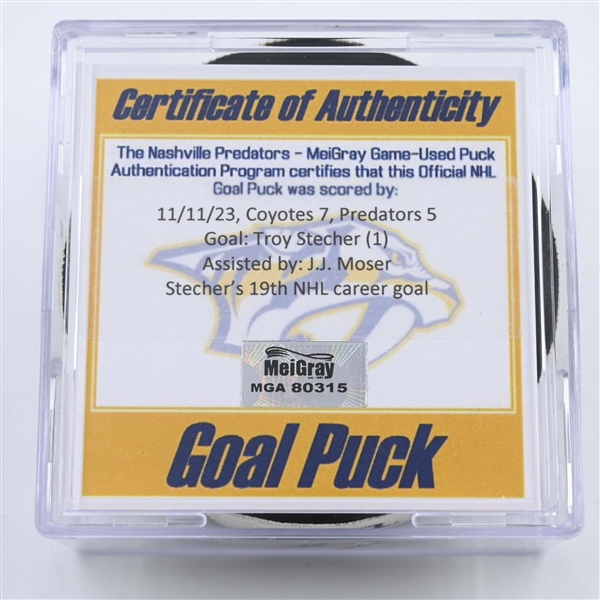 Troy Stecher - Arizona Coyotes - Goal Puck - November 11, 2023 vs. Nashville Predators (Predators 25th Anniversary Logo)