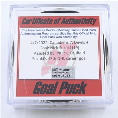 Nick Suzuki - Montreal Canadiens - Goal Puck - April 7, 2022 vs New Jersey Devils (New Jersey Devils logo)