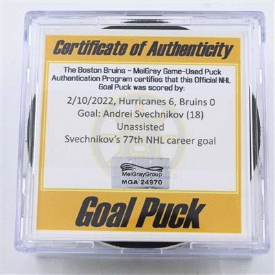 Andrei Svechnikov - Carolina Hurricanes - Goal Puck - February 10, 2022 vs Boston Bruins (Boston Bruins logo)