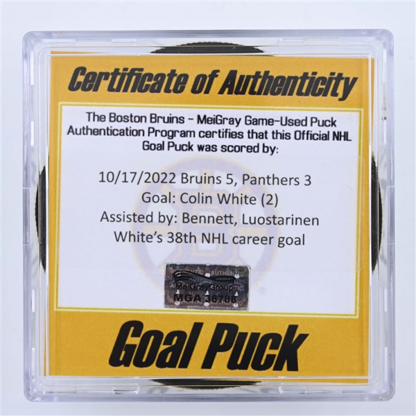 Colin White - Florida Panthers - Goal Puck - October 17, 2022 vs. Boston Bruins (Bruins Logo) 